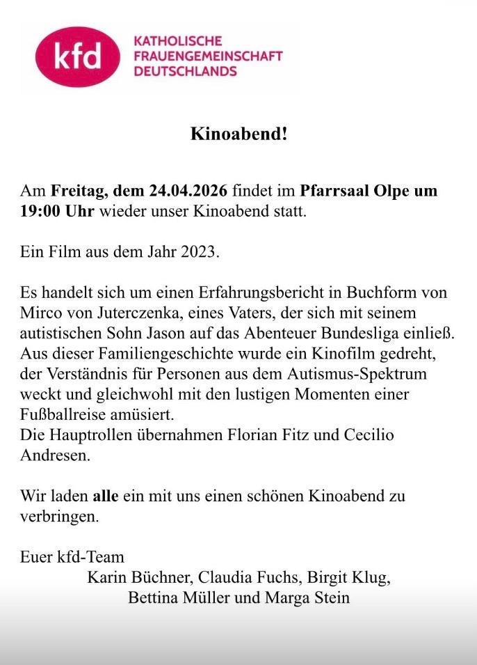 kfd Kinoabend am 24.04.26 im Pfarrsaal