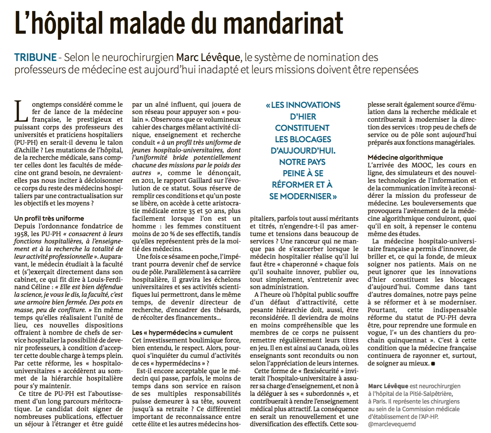 Le Monde - L'hôpital malade du mandarinat - 06/06/16