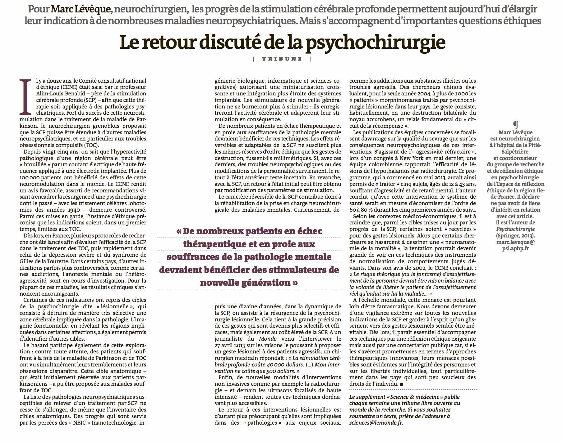 Le Monde - Le retour discuté de la psychochirurgie - 25/08/14   