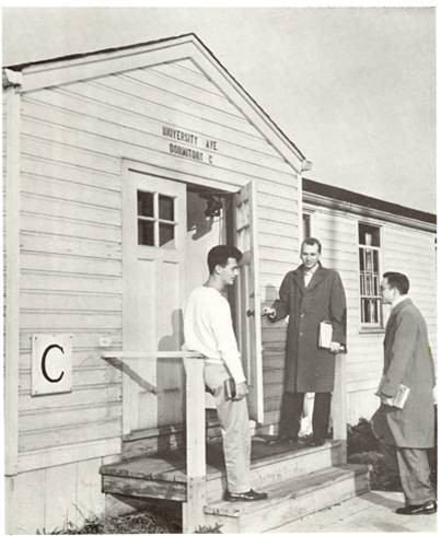 barracks used for overflow housing on college campus
