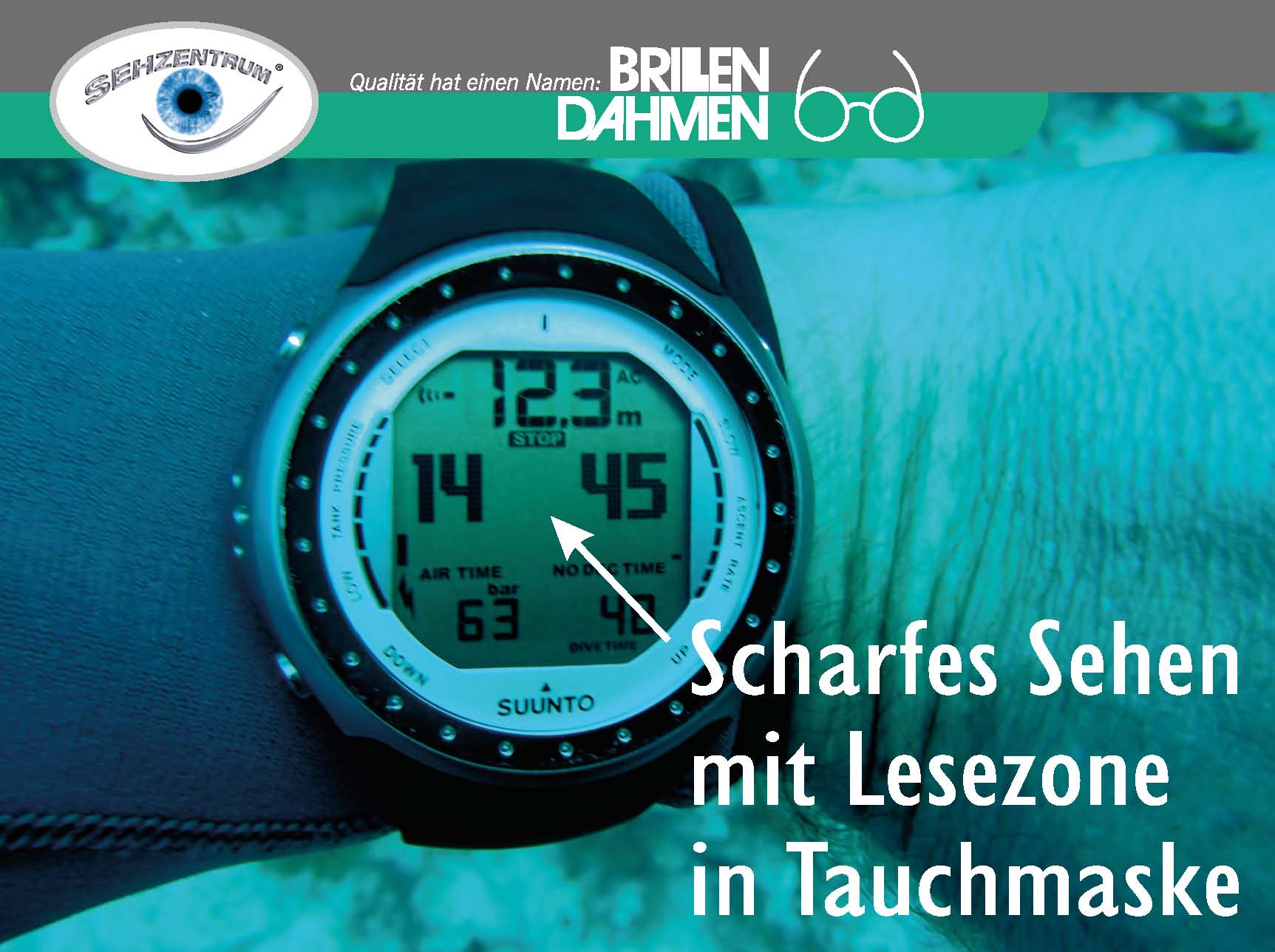 scharfes Sehen des Tauchcomputers mithilfe einer Lesezone in der Tauchmaske