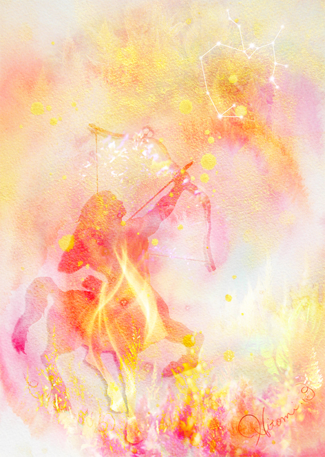 もえ出づるセロシアの射手 ～いて座～（30×23cm・2023年・デジタル版画）　Flaming Archer of Celosia – Sagittarius (30×23 cm · Giclee print · 2023)