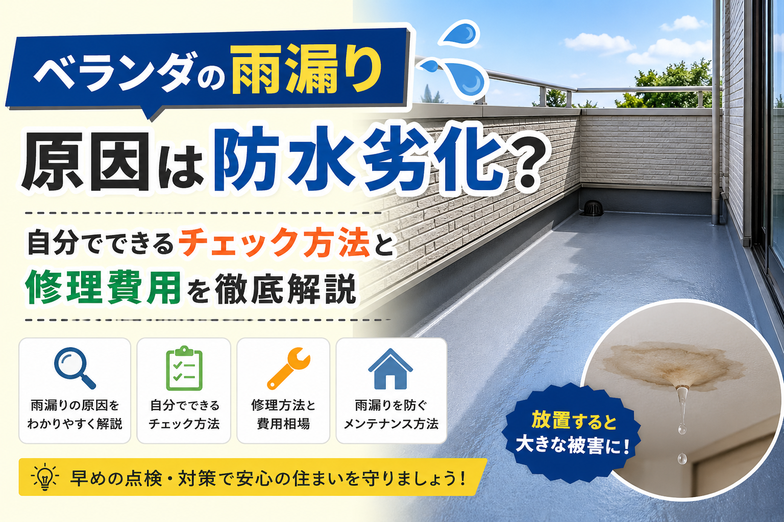 【ベランダの雨漏り】原因は防水劣化？自分でできるチェック方法と修理費用を徹底解説