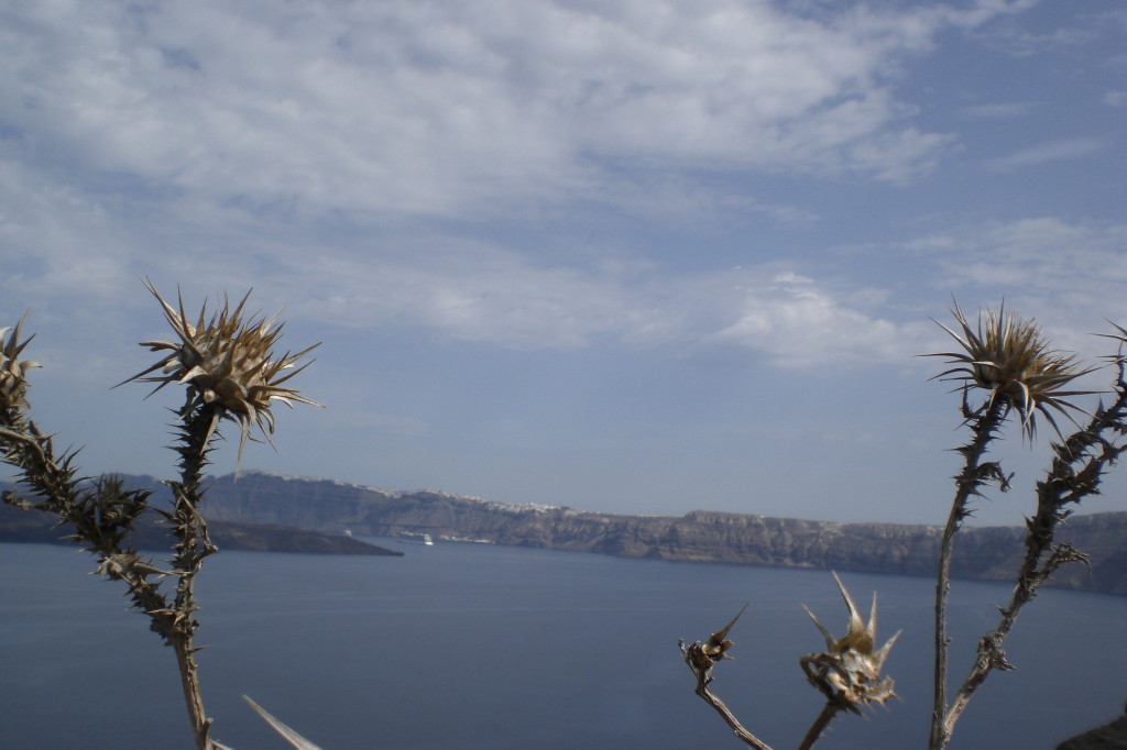 Blick von Süden auf die Kesselmitte mit Nea Kameni und im Hintergrund der Kraterrand mit Fira, Firostefani und Imerovigli