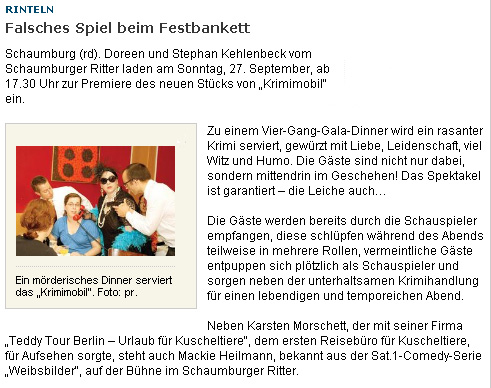 Krimi-Dinner von Theater krimimobil Berlin in der Presse