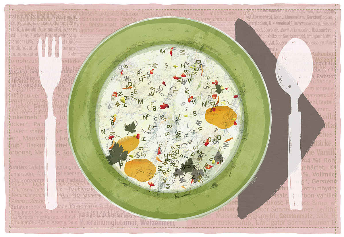 „Buchstabensuppe”, Tischset 21 x 42 cm, Zeichnung/Malerei/digitale Collage, Ausstellungsprojekt von HAMBURG ILLUSTRIERT zum Thema „Prost Mahlzeit”, Galerie Kulturreich, Hamburg