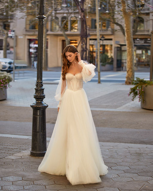 Modernes Brautkleid im A-Linien-Stil mit Puffärmeln aus Tüll