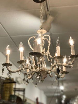 crystal chandelier brass antique vintage shabby chic white cream painted custom distressed farmhouse platypus magnolia farms refinished interior design lighting painting new jersey chester local cheap inexpensive new home furnish decorate country grey