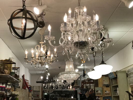 crystal chandelier brass antique vintage shabby chic white cream painted custom distressed farmhouse platypus magnolia farms refinished interior design lighting painting new jersey chester local cheap inexpensive new home furnish decorate country grey