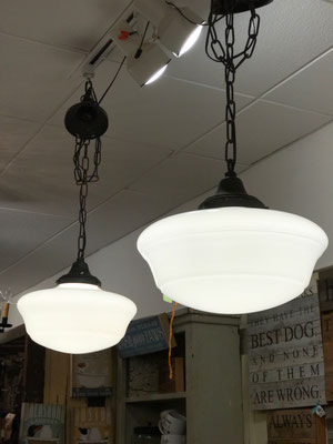 schoolhouse light hanging light white kitchen chandelier small business local shops antique vintage old school house interior design designer industrial