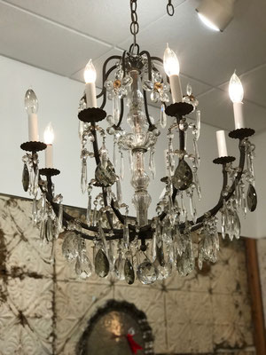 crystal chandelier brass antique vintage shabby chic white cream painted custom distressed farmhouse platypus magnolia farms refinished interior design lighting painting new jersey chester local cheap inexpensive new home furnish decorate country grey