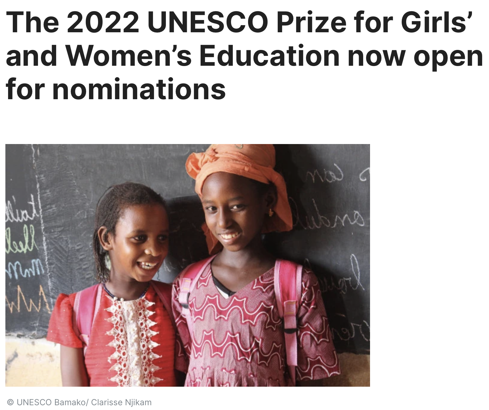 Call for Nominations - UNESCO Prize for Girls' and Women's Education