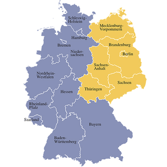 The 5 states colored yellow are in East Germany. (Berlin had a special status and had both East and Western parts)