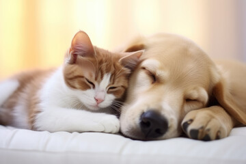 alt="犬と猫が安心して眠っている画像"