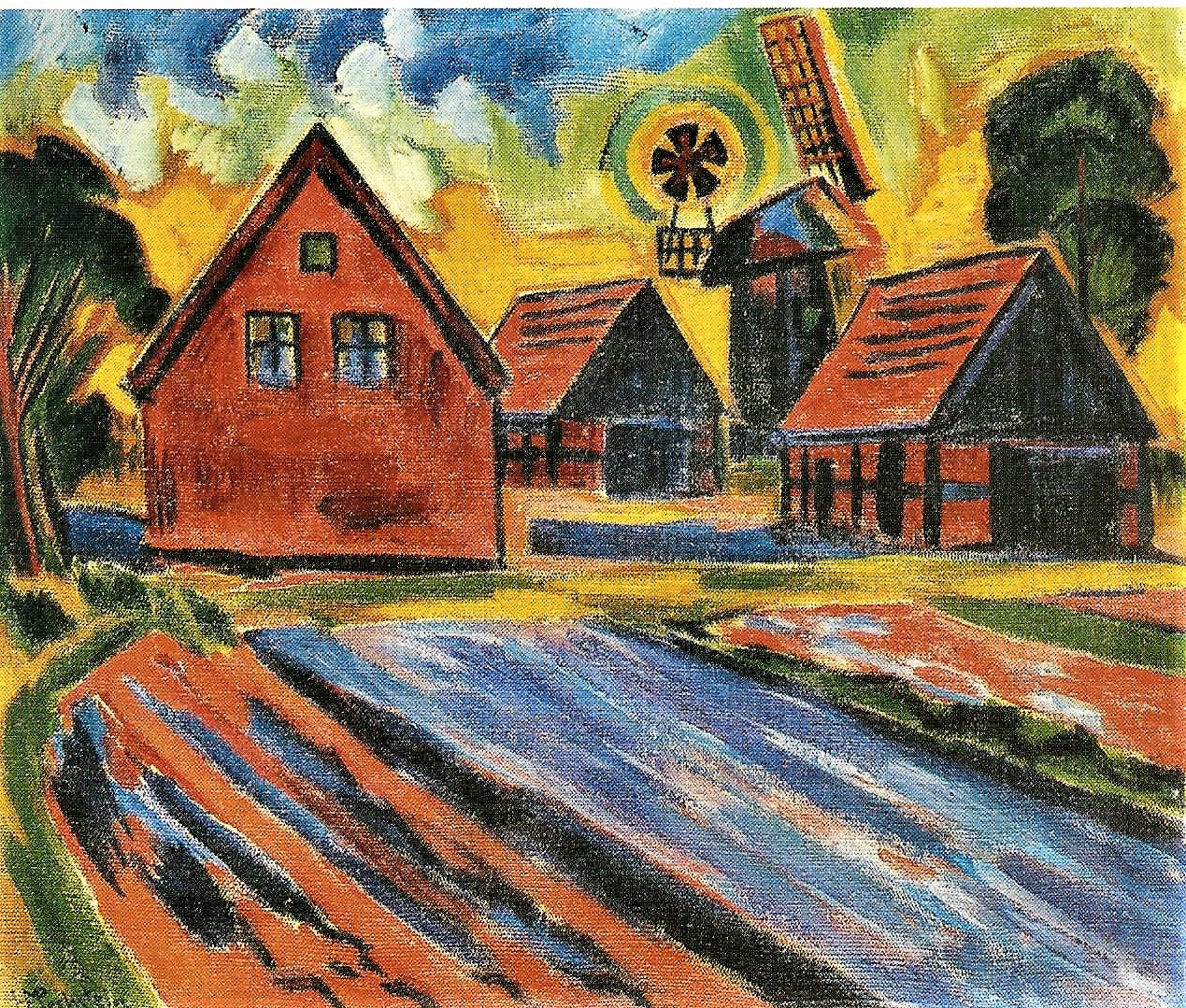 Hermann Max Pechstein: Rote Häuser mit Windmühle, 1922