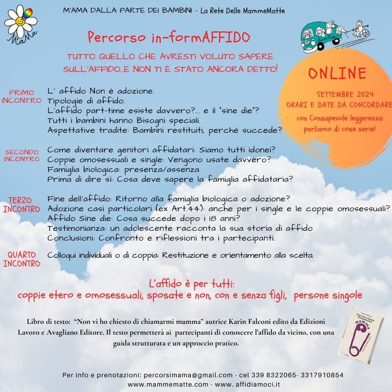 Percorso #informAFFIDO delle #MammeMatte - Quando? Martedì 15, mercoledì 16 e giovedì 17 settembre 2026.Iscriviti!
