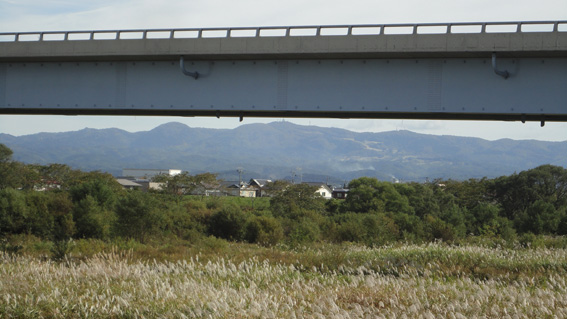 津軽道「つがる柏」の高架をくぐる。後方に「旧神山スキー場」や「馬ノ神山」見える