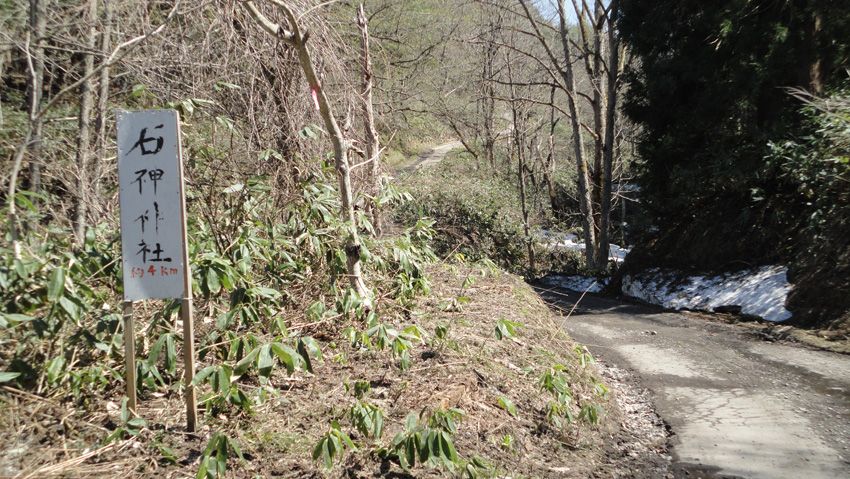 「石神神社 4km」の標識が立つ分岐「入内林道」起点