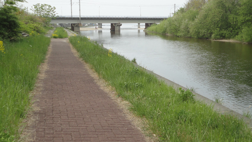 終点「野内川河口」の「野内橋」から遊歩道を遡上する