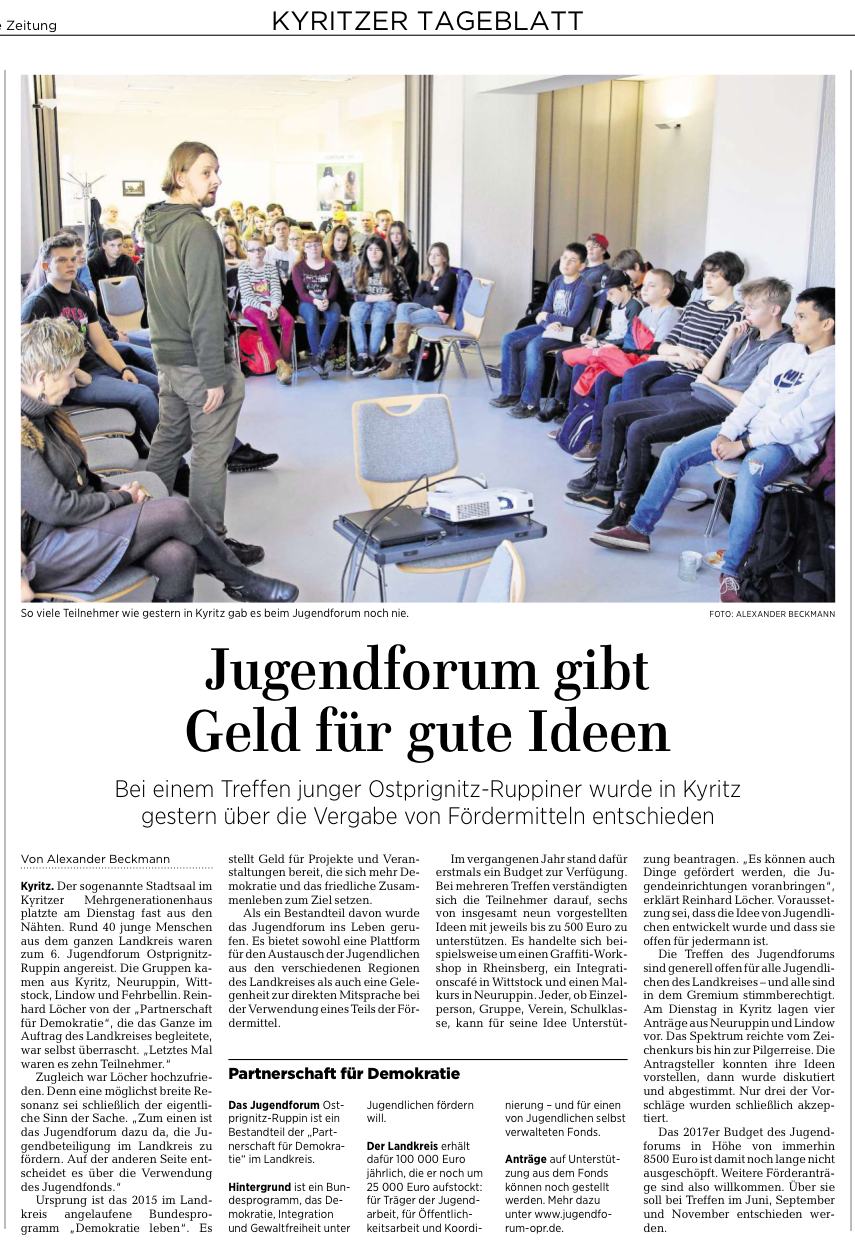 Jugendforum gibt Geld für gute Ideen - Zeitungsartikel MAZ - Kyritzer Tageblatt am 22.02.2017