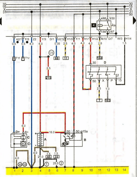 1994 PASSAT B4 Generator, Battery, Starter and Ignition Lock Wiring Diagram