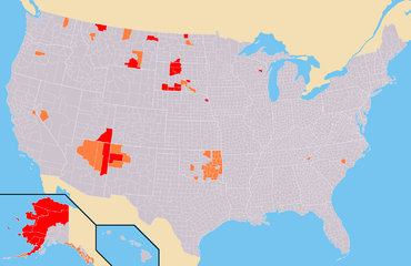 Gebiete in den USA mit mehrheitlich indigener Bevölkerung.     rot = absolute Mehrheit, orange = relative Mehrheit
