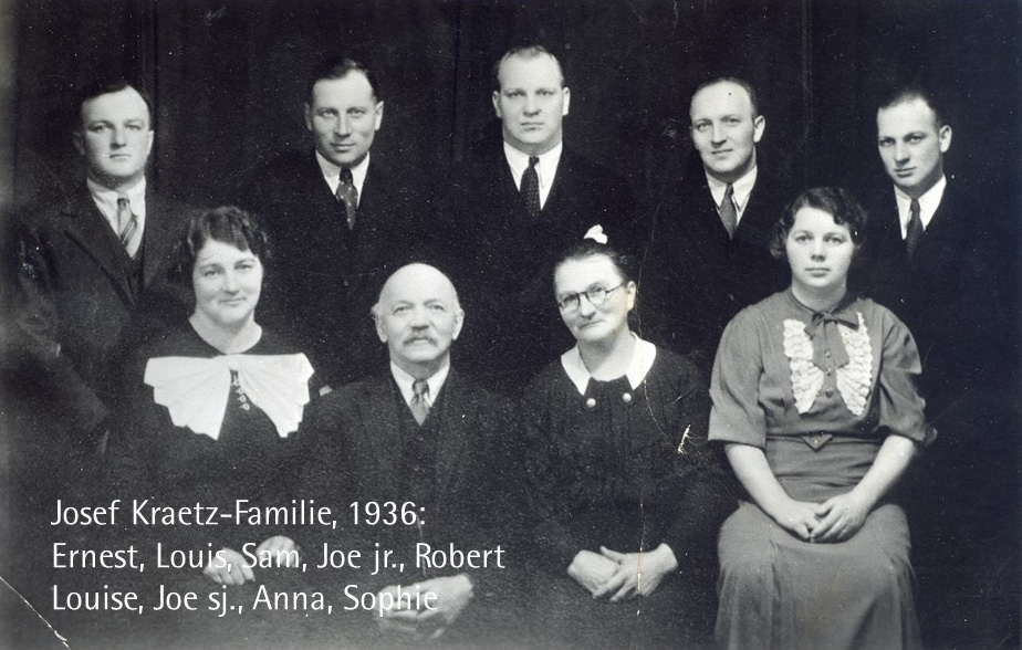 Josef Kraetz-Familie, 1936: Ernest, Louis, Sam, Joe jr., Robert, Louise, Joe sj., Anna, Sophie. Louise, Sophie und Joe jr. waren wie ihr Vater sehr musikalisch. Joe sj. spielte Klavier und Zither.