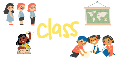 "class"という文字を中心に、学ぶ子どもたちのイラストが配置された教育イメージ。立っている子どもたち、手を挙げている子、読書する子、地図を見ている子、床で話し合う子どもたちが描かれている