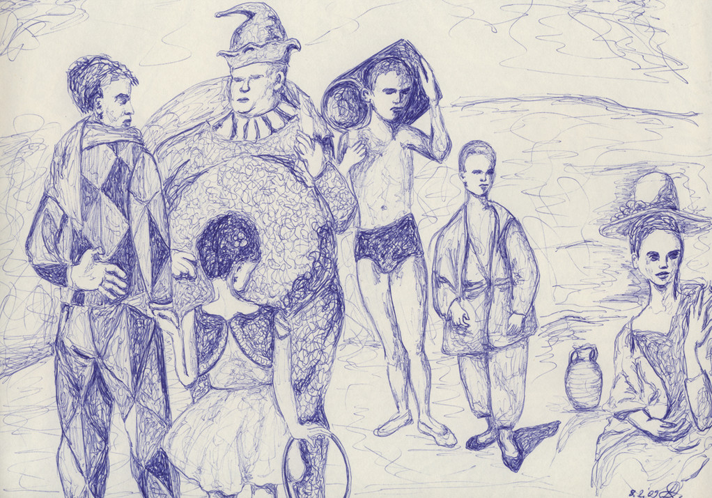 nach "die Gauklerfamilie" von Picasso; Kugelschreiber auf Papier_ca. 20x30cm_2009