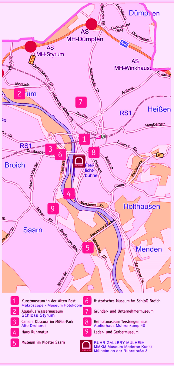 Die VILLA ARTIS  (Museum und Galerie) liegt im Herzen der Stadt Mülheim direkt am Innenstadtpark "RUHRANLAGE" in der Ruhrstr.3 / Ecke Delle unweit der Schloßbrücke über die Ruhr