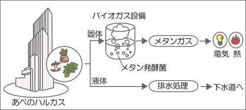 大阪のあべのハルカスでは、同ビルから排出される生ゴミをもとに、メタン発菌を使ってメタンガスを作っている。メタンガスはそのまま燃料として使えるほか、水素を取り出して燃料電池にも利用できる。おしゃれなビルの生ゴミとバイオリアクターによる発電という組み合わせがユニークだ。