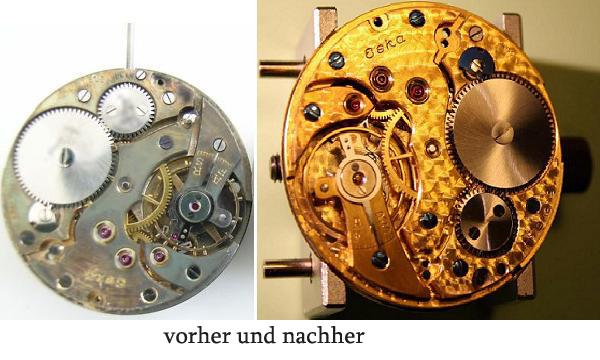 altes Taschenuhrwerk vor und nach der Veredelung