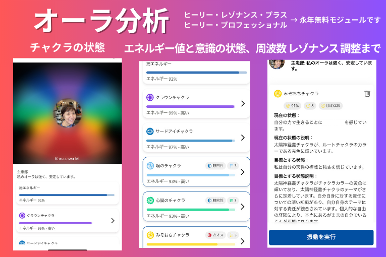 オーラ分析モジュールは、レゾナンスプラスまたはプロフェッショナルの機種で永年無料。