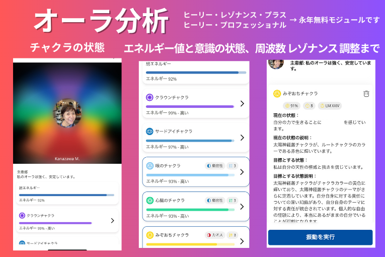 ヒーリーのオーラ分析、チャクラのエネルギー数値、バランス状態、感情と思考パターンを分析して表示、波動も送る。