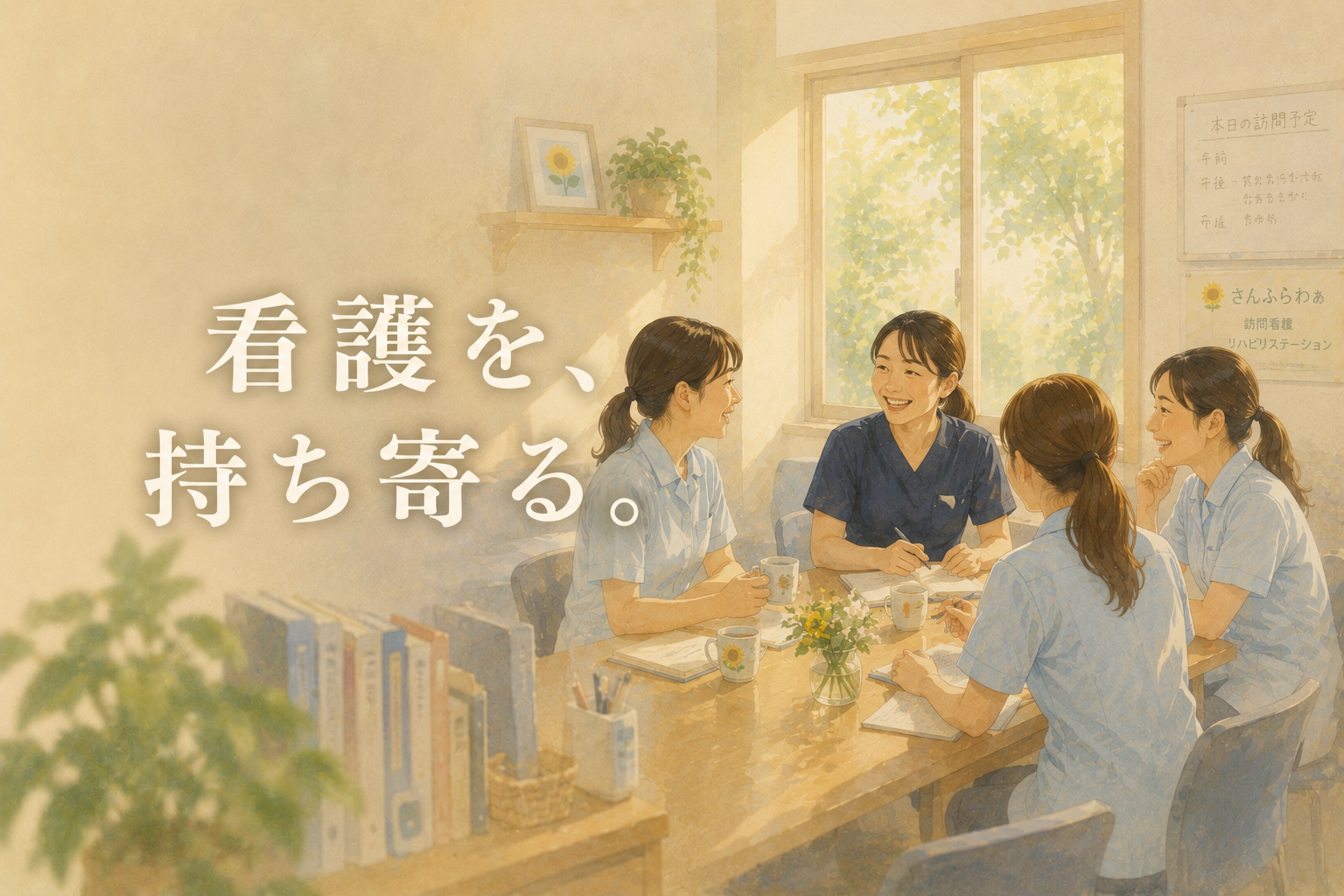 事務所でスタッフが経験や看護を共有し、自然に意見を交わす場面