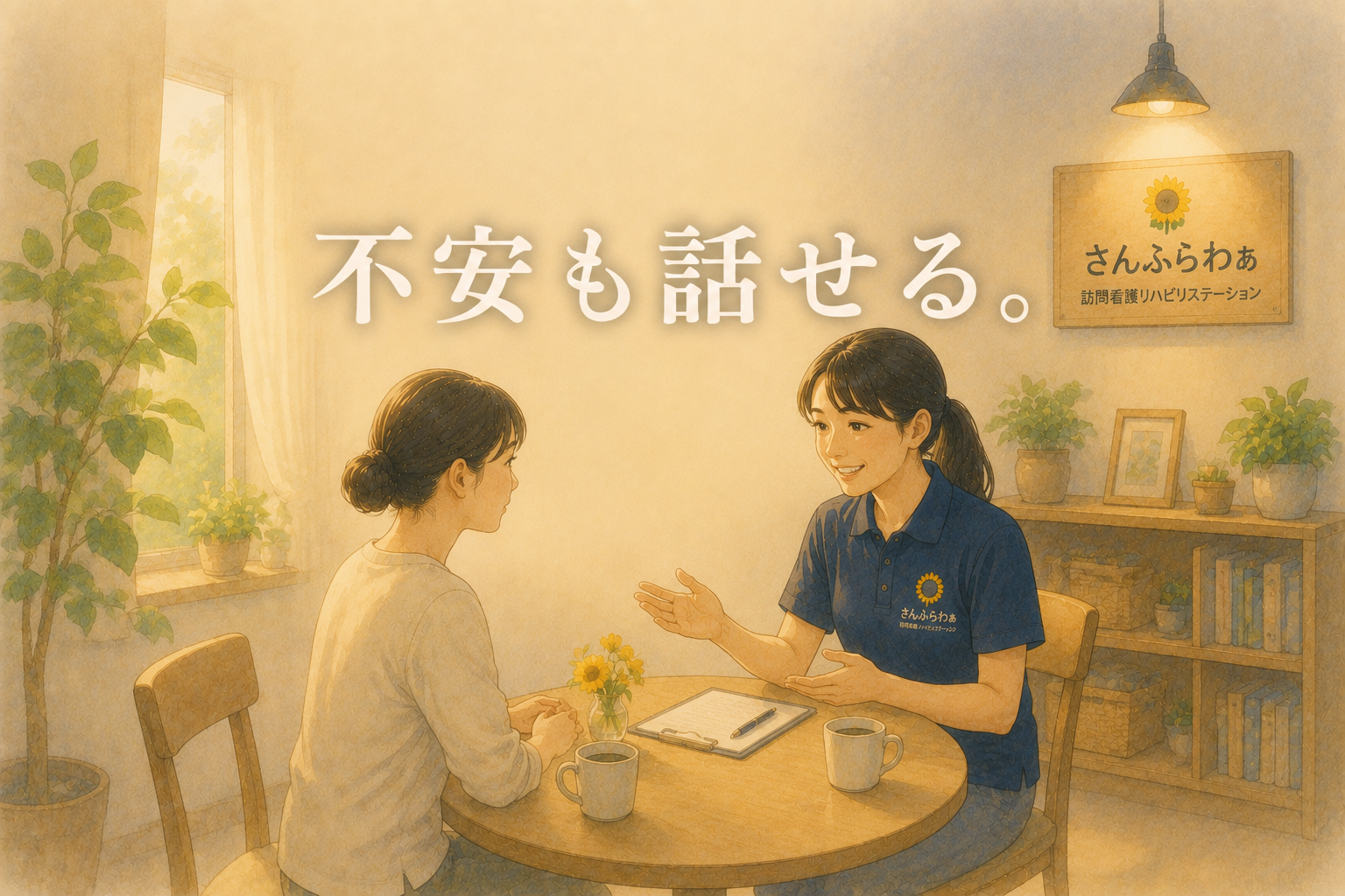 カフェのような相談スペースで働き方や訪問看護について安心して相談する様子