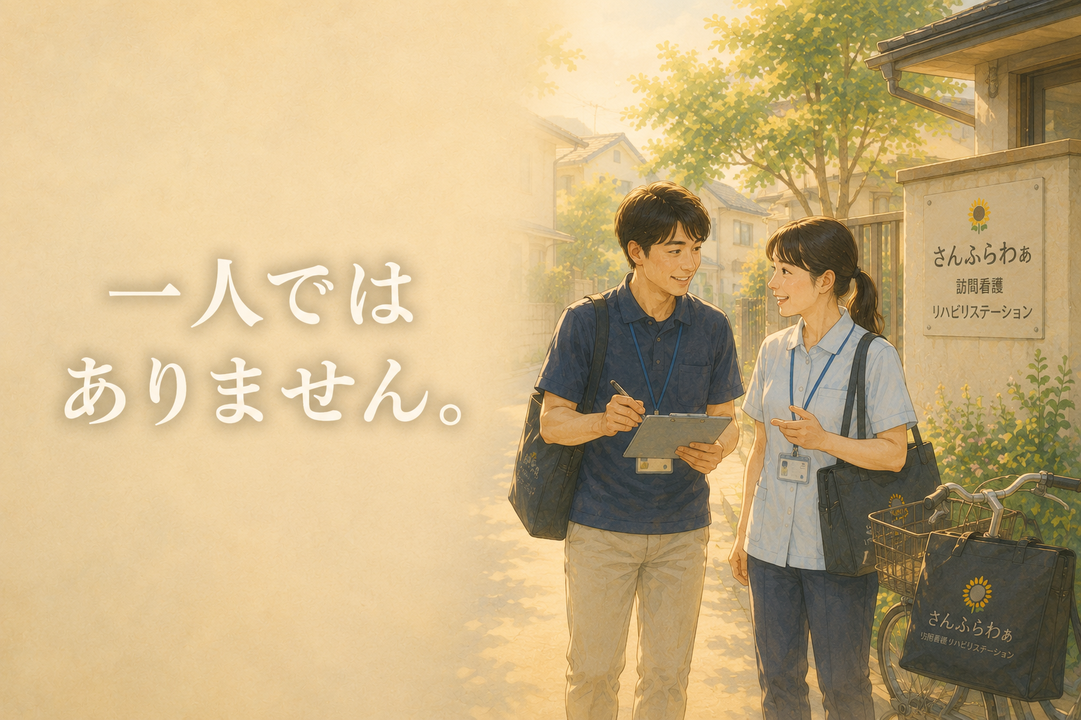 看護師と理学療法士が利用者さんについて相談しながら支え合う訪問看護・訪問リハビリの様子