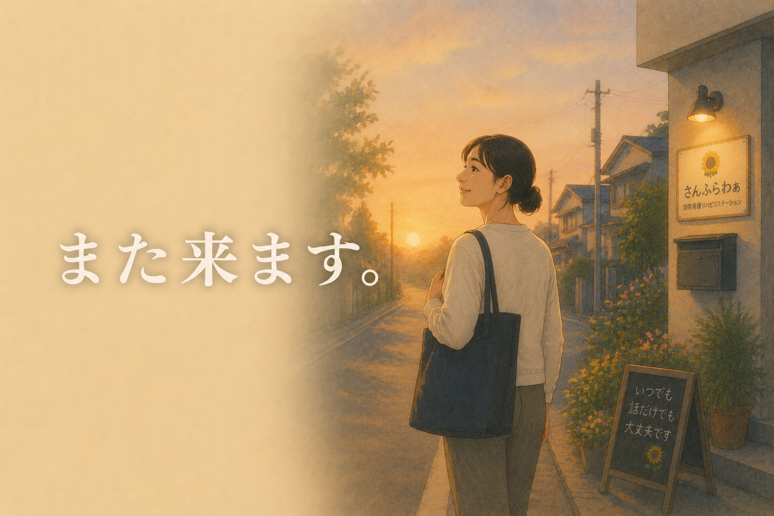 見学を終え、夕暮れの住宅街を前向きな気持ちで帰る看護師の姿