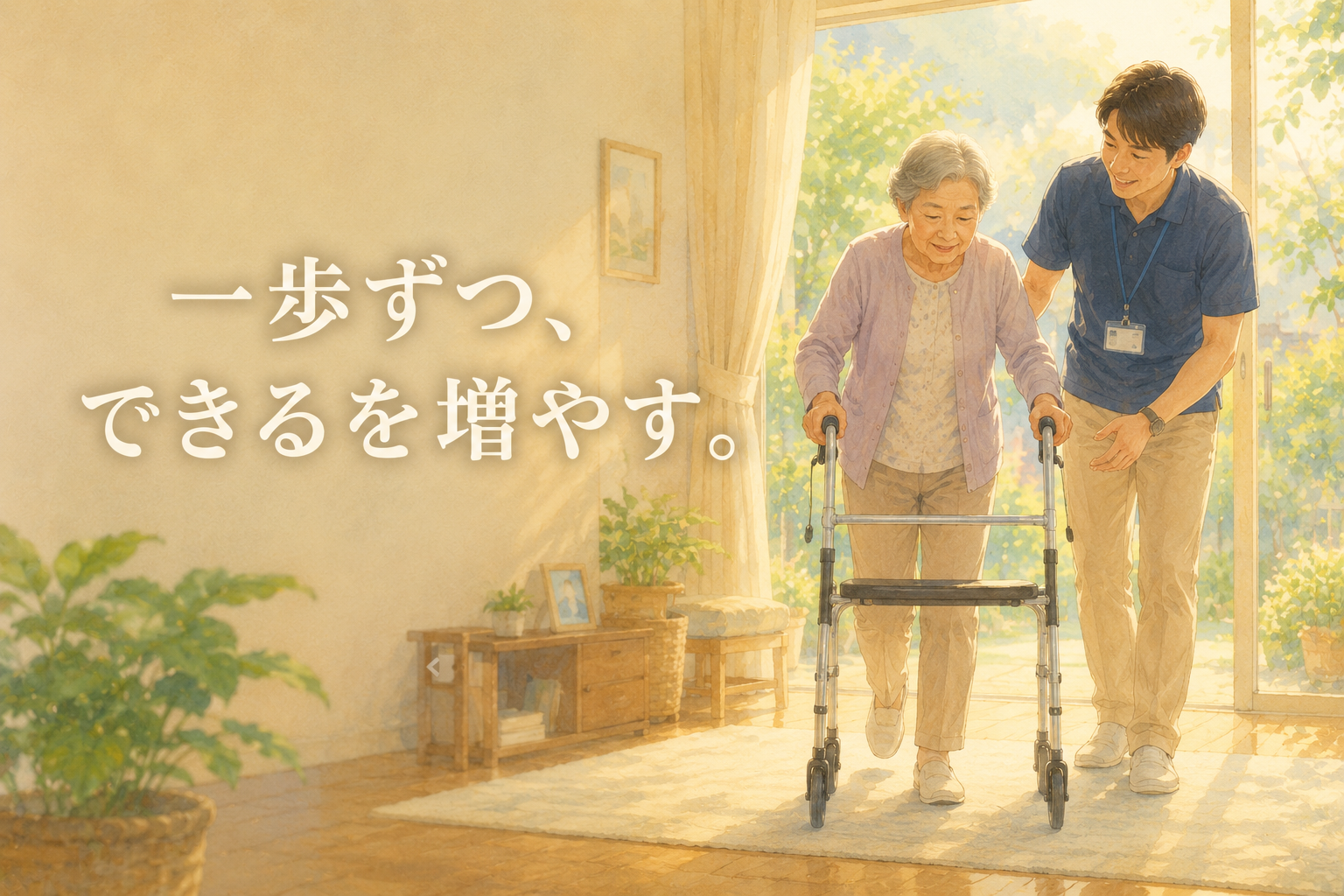 利用者さんが歩行器で一歩踏み出す姿を、理学療法士が寄り添い見守る訪問リハビリの様子