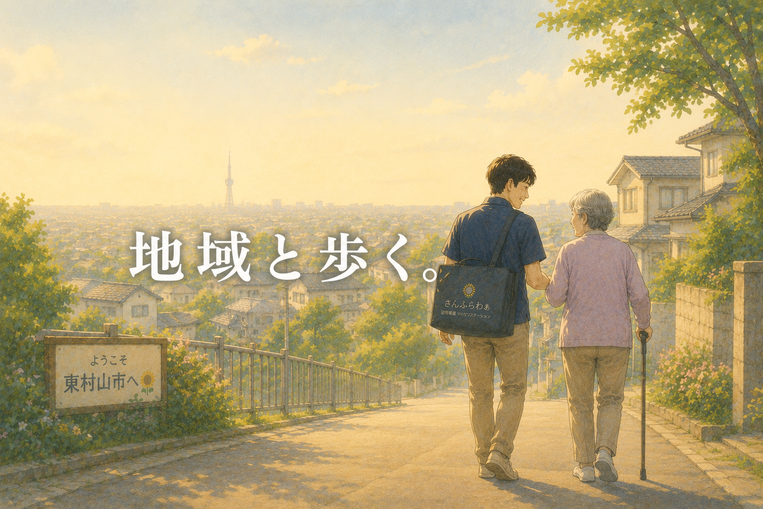 東村山市の街並みを背景に、利用者さんとゆっくり歩く理学療法士・作業療法士の姿