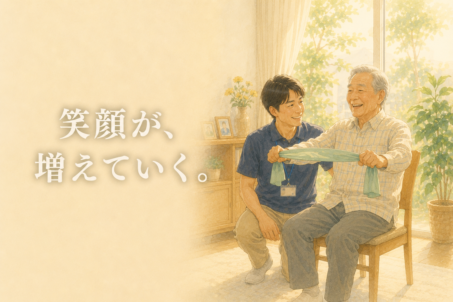 「できた」を積み重ね、利用者さんと理学療法士が自然な笑顔を交わす訪問リハビリの様子