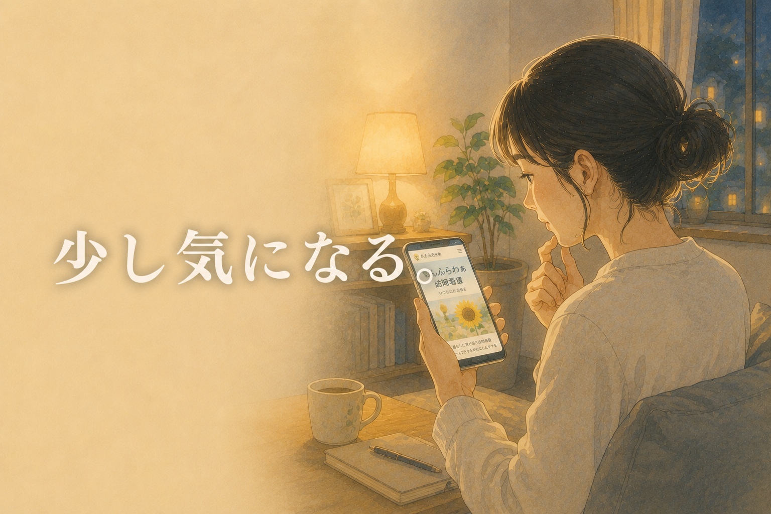 スマートフォンでさんふらわぁ訪問看護リハビリステーションを見つけ、興味を持つ看護師の様子
