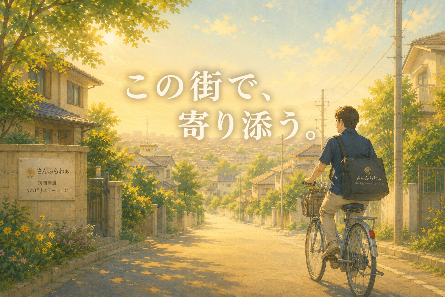 東村山市の住宅街を自転車で訪問へ向かう理学療法士・作業療法士のイメージ