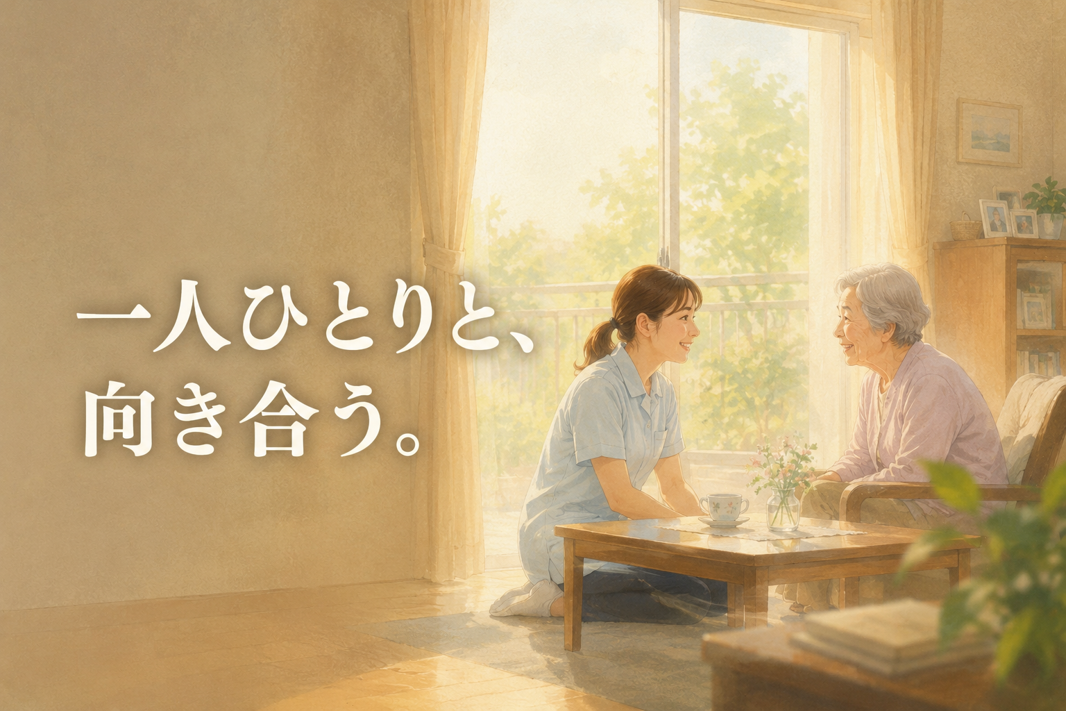 利用者さん一人ひとりと目線を合わせ、穏やかに向き合う訪問看護の様子