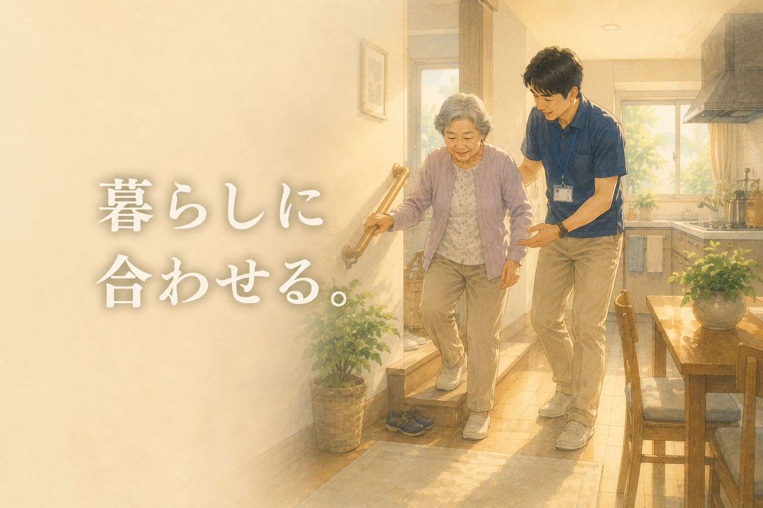 自宅の玄関や階段、台所など暮らしの中で行う訪問リハビリのイメージ