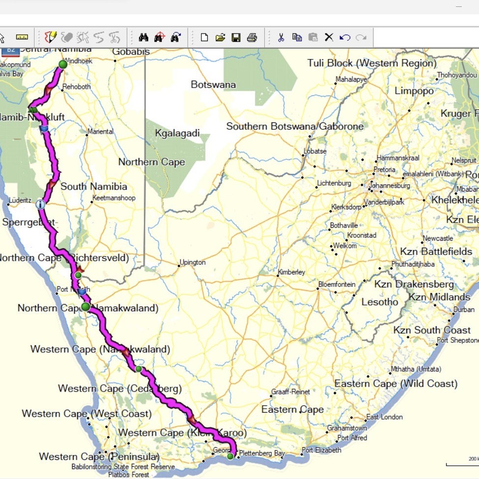 2,100 kilometres through the wild: Stephen's route from Windhoek to Knysna (picture courtesy of Stephen Drew).