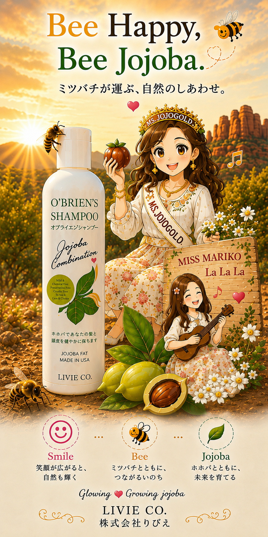 🐝 Bee（ミツバチ） 🌼 Jojoba（原種ホホバ） 😊 Laugh（笑顔） 💝 Good Fortune（幸運）