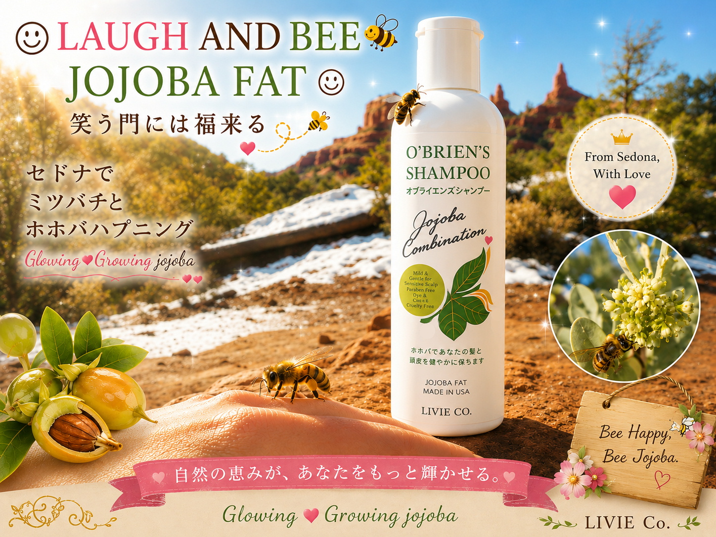 🐝✨  LAUGH AND BEE 🐝 JOJOBA FAT  笑う門には福来る。  セドナの大自然で、 ミツバチと原種ホホバが紡いだ、 小さな幸せの物語。  ♔ Glowing 💝 Growing jojoba❣❣❣