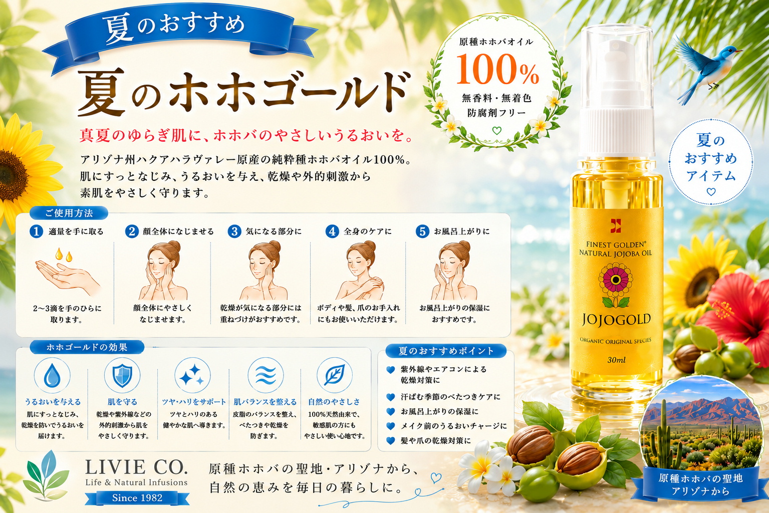 LIVIE CO.の夏限定イメージ広告。ハーブを背景に、純粋種ホホバオイル100％「ホホゴールド30ml」を紹介するナチュラルスキンケア広告。紫外線や乾燥対策におすすめの天然保湿オイル。
