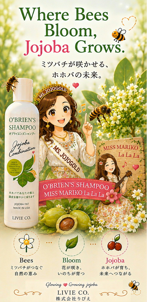 セドナの自然を背景に、Ms. JOJOGOLD、O'Brien's Shampoo、原種ホホバ、ミツバチを描いた「Bee Happy, Bee Jojoba.」のイメージ。